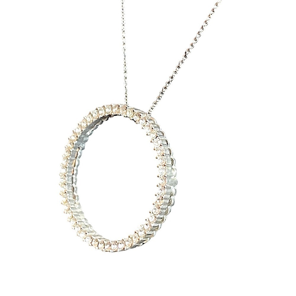 Silver Tone Chain‎ Necklace With Circle Rhinestone Pendant